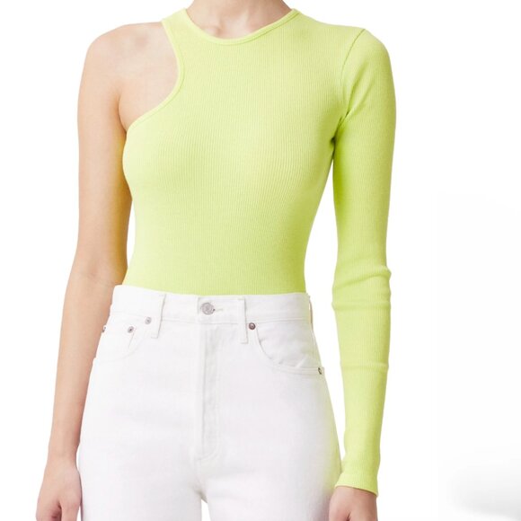 AGOLDE Bea Cutaway One Shoulder Ribbed Bodysuit Fondant Lilac Lime Green Size XS - Picture 1 of 9